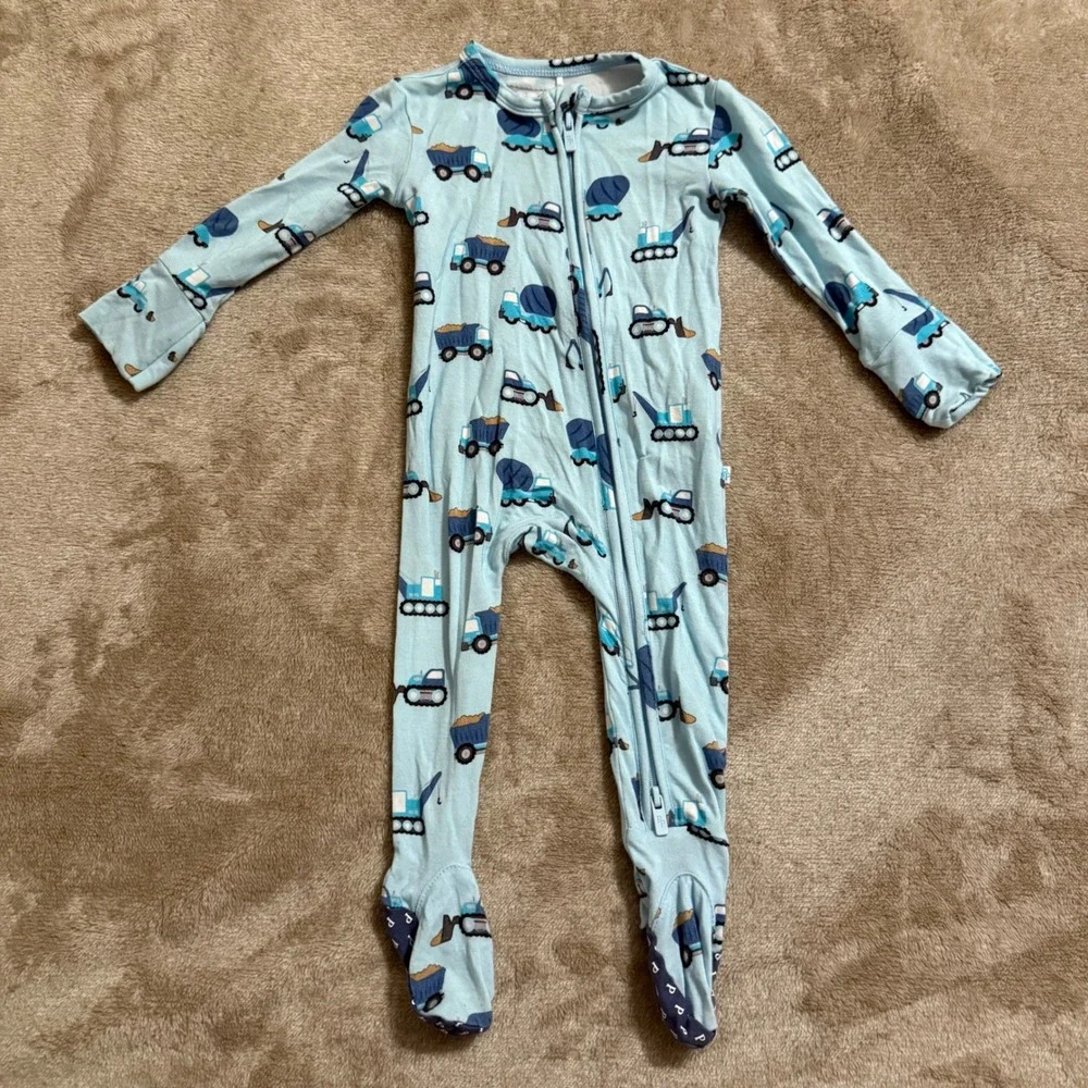 Posh Peanut Construction Trucks Bamboo Viscose Zippy Footie Sleeper Blue 0-3M